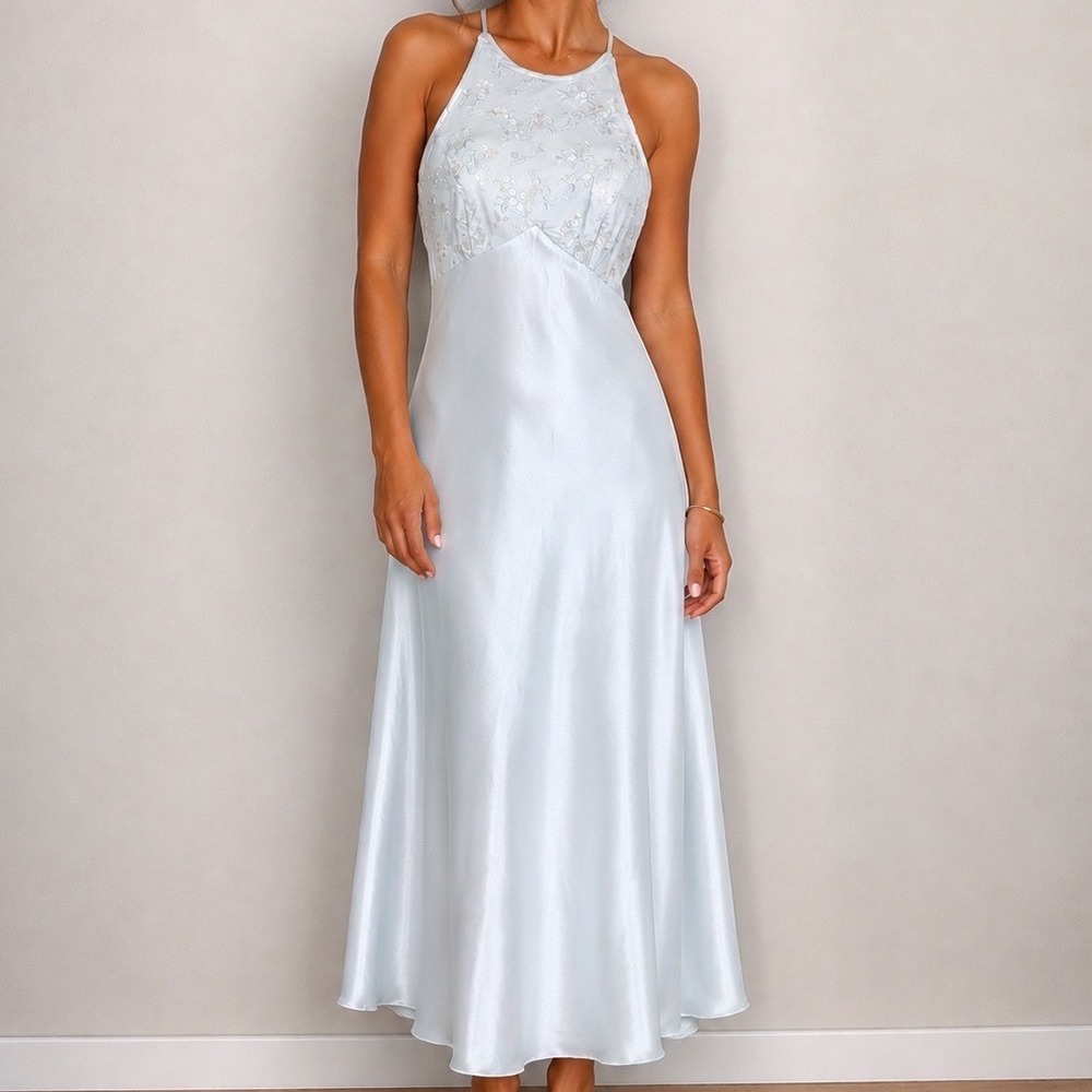 Vtg 90s Bari Jay Light Blue Satin‎ Halter Sequin Evening Gown NWT Deadstock